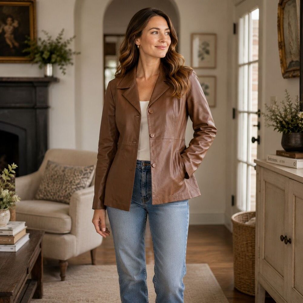 Y2K NWT Dialogue Camel Cognac Brown Leather Blazer Jacket Size XL